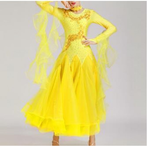 Girls women Red blue pink yellow ballroom dancing dresses waltz tango stage performance rhinestones dresses